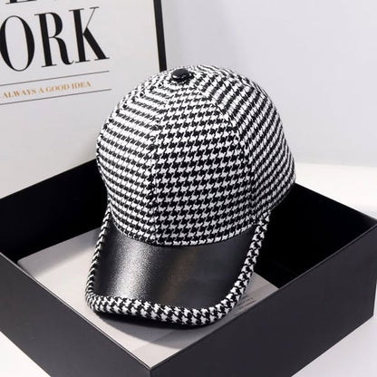 Classic Houndstooth Leather Cap