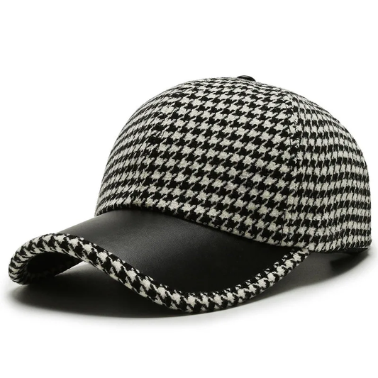 Classic Houndstooth Leather Cap