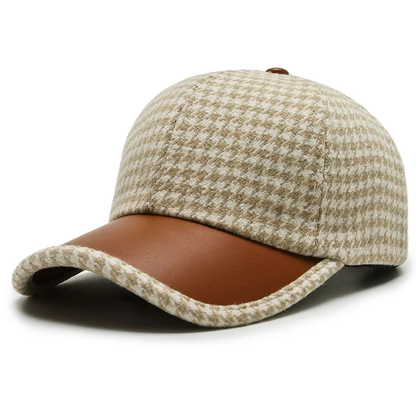 Classic Houndstooth Leather Cap