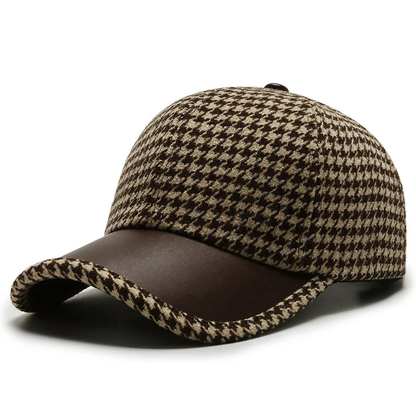 Classic Houndstooth Leather Cap