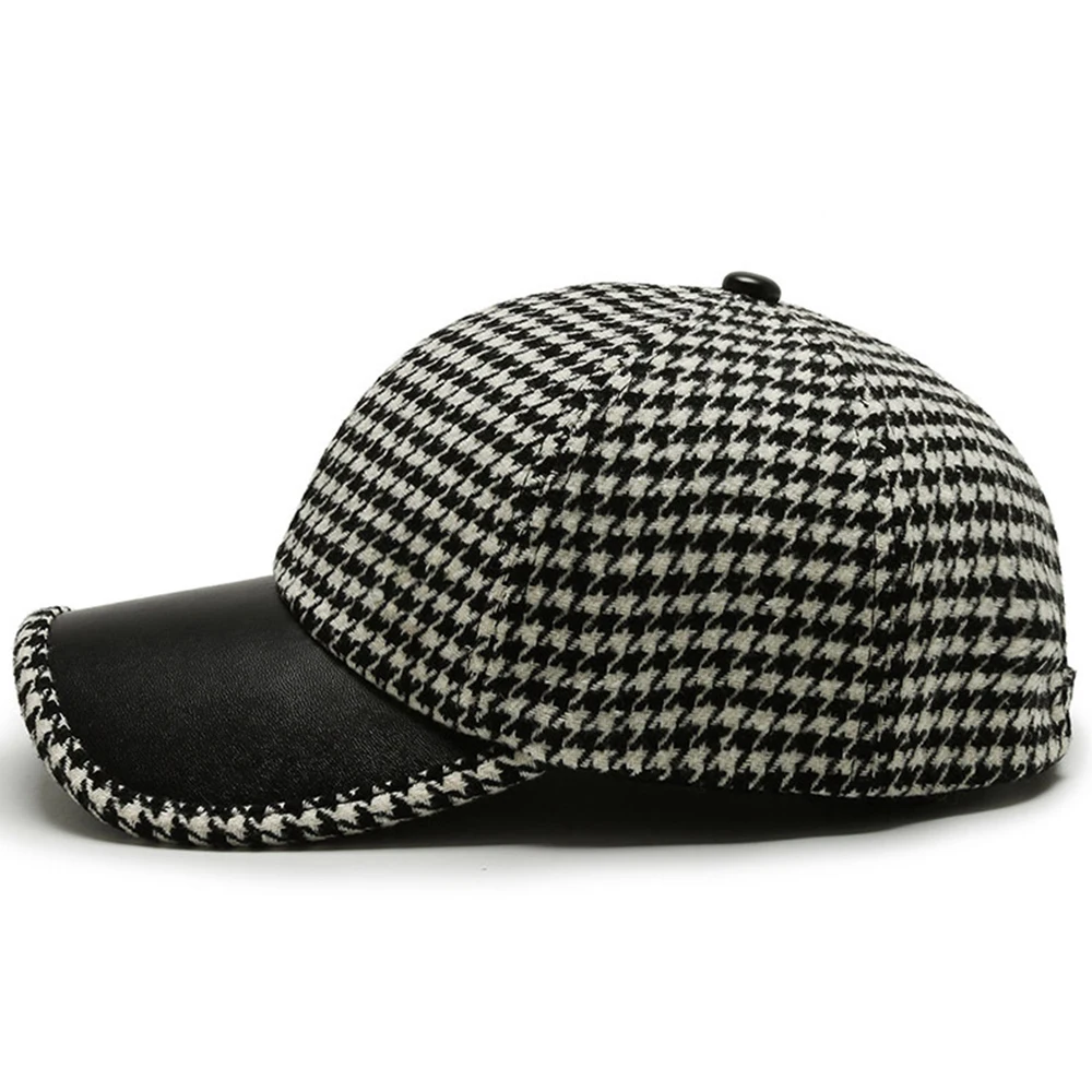 Classic Houndstooth Leather Cap