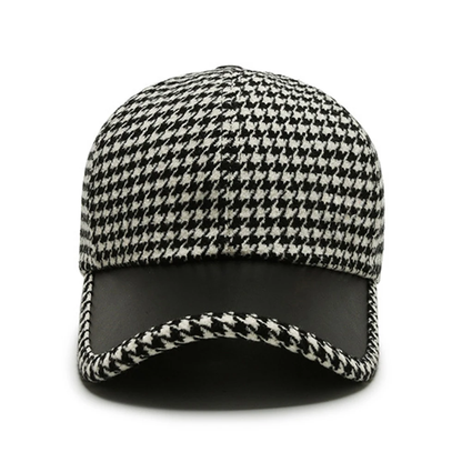 Classic Houndstooth Leather Cap